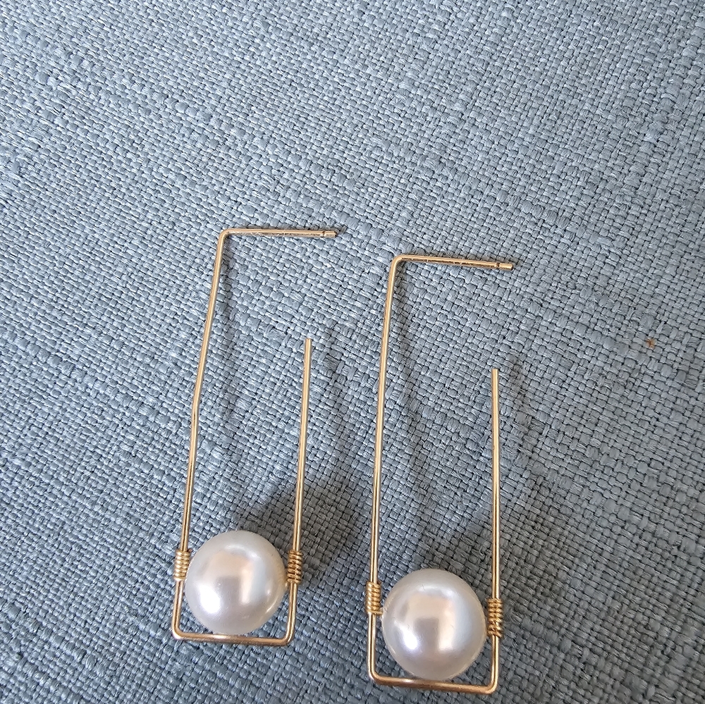 Handmade rectangle hoop earrings with pearl accent